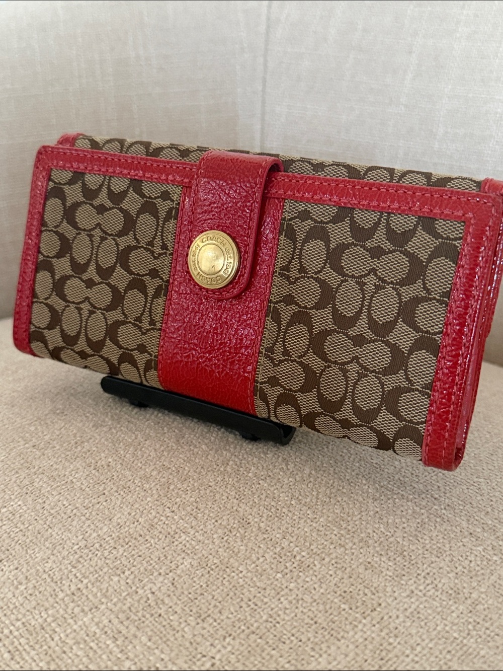 Coach Brown Signature Canvas Wallet with Red Trim